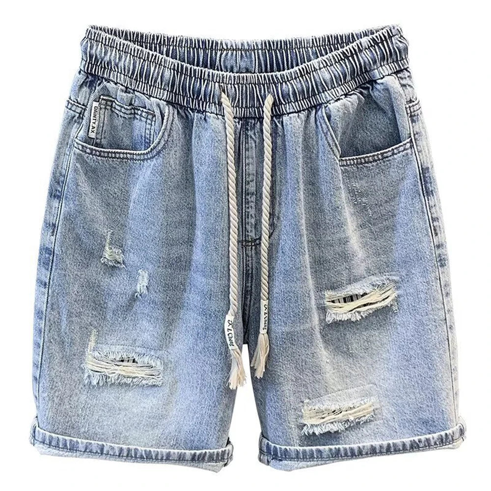 Drawstring Elastic Waist Denim Shorts Men's Washed Loose Straight Versatile Summer Mid-Length Japanese Style half Trousers