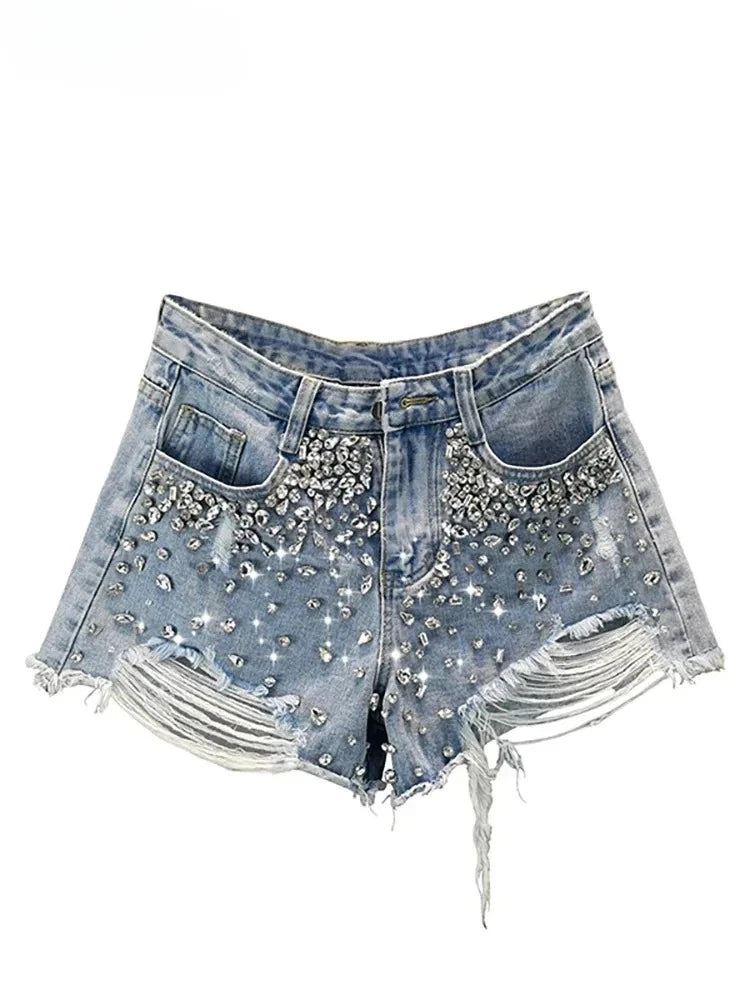 Women's Short Jeans High Waist Distressed Diamonds Tassel Loose Wide Leg Luxury Denim Shorts 2025 Spring Fashion Y2k Skirts