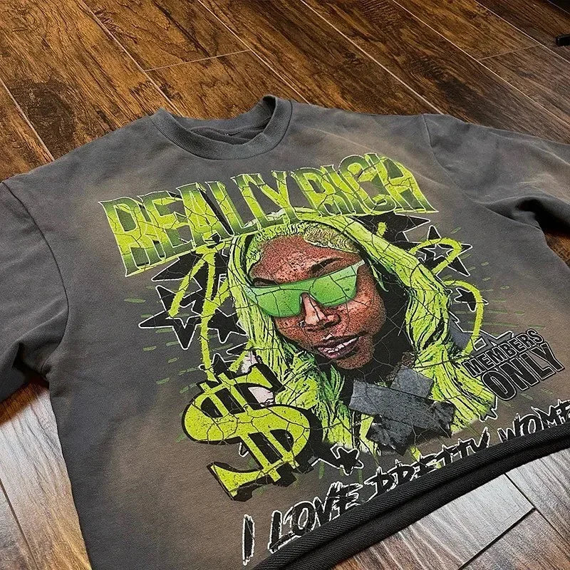 Retro High Street Printed Three Quarter Sleeve Baggy T-Shirt Women's Gothic Punk Rock Y2K Short Sleeve Harajuku Oversized Top