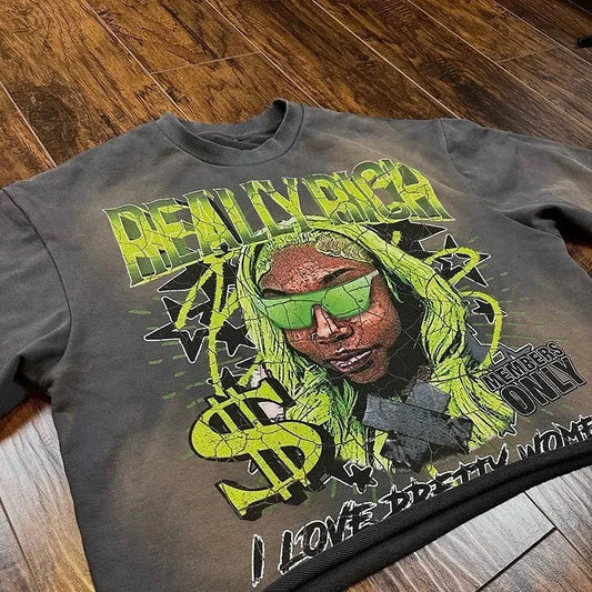 Retro High Street Printed Three Quarter Sleeve Baggy T-Shirt Women's Gothic Punk Rock Y2K Short Sleeve Harajuku Oversized Top