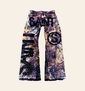 European and American personalized leopard print letter patch straight jeans summer retro punk trendy casual skateboard pants