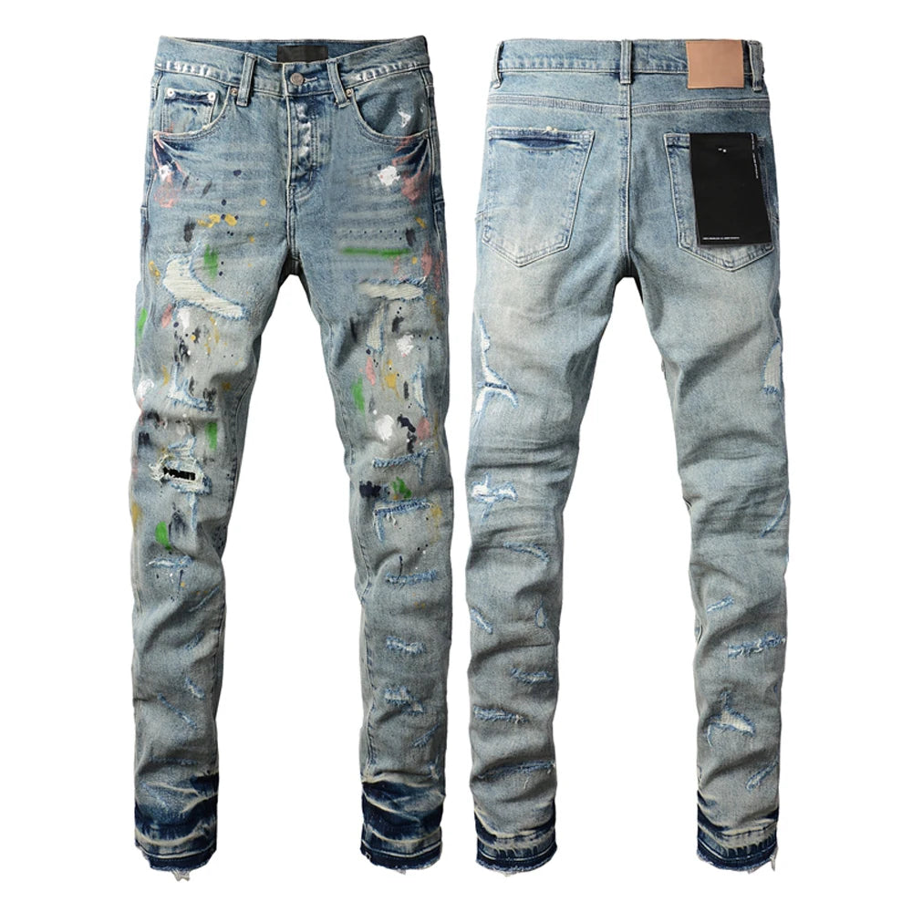 High Street Style Men's Skinny Jeans USA Quality Low Rise Blue Print Letters Fashion Repair Denim Pants Size 28-40