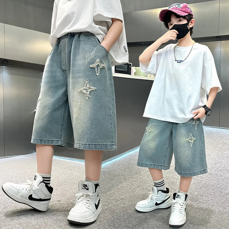 Hot Kids Stylish Summer Star Embroidered Denim Shorts for Tween Boys Luxury Design Jeans Shorts Child Five Shorts Casual Pants