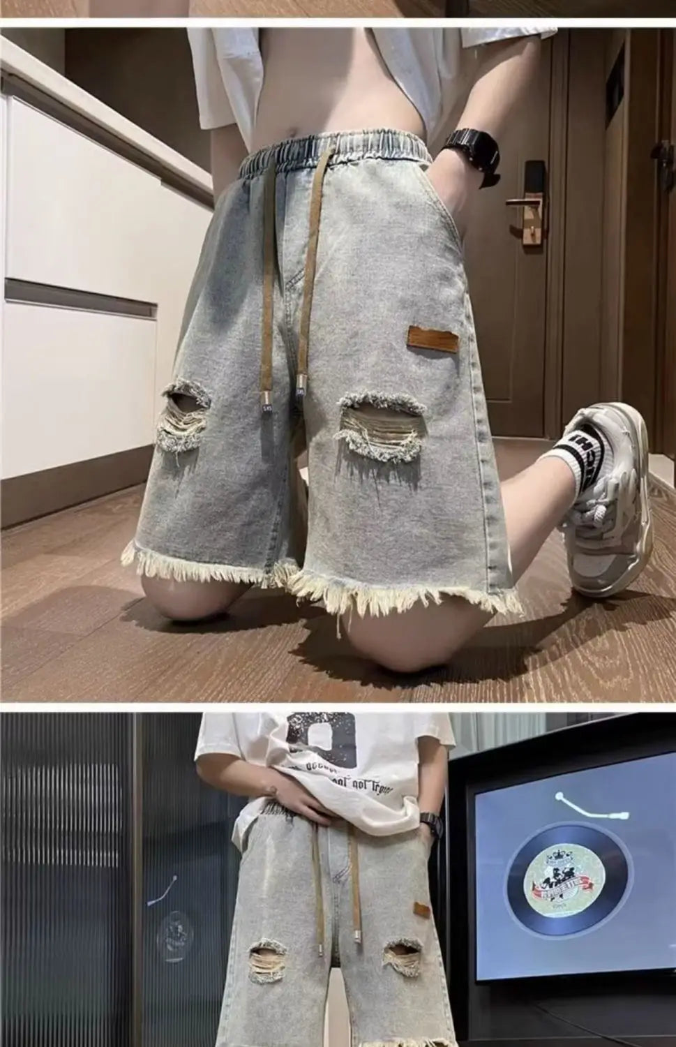 Trendy Burrs and Ripped Jeans for Men's Shorts Five-quarter Pants Thin Loose and Elastic Waist