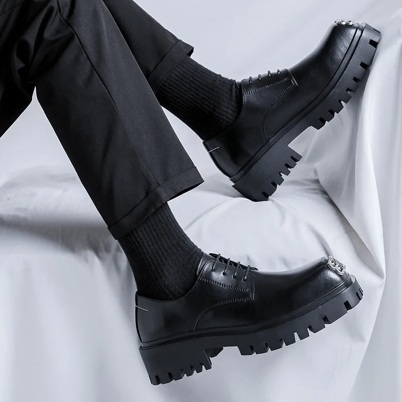 Fashion Mens Casual Leather Derby Shoes Men's Square Toe Trendy Designer Shoe Men Lace-up Thick Sole Heightened Shoes