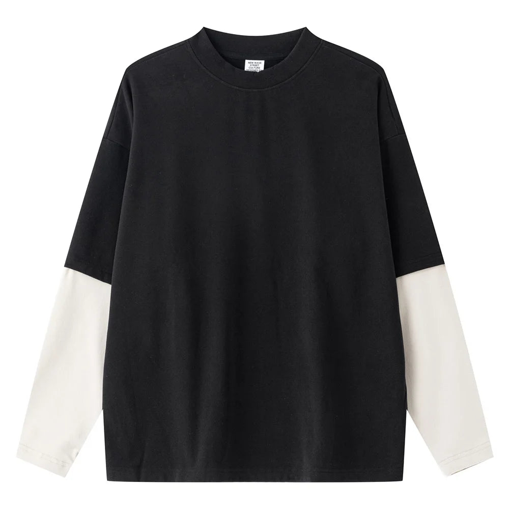 2025 Autumn Man Fake 2 Pieces 320gsm Sweatshirt Unisex Oversized Contrast Color Long Sleeve T Shirts Y2K Clothing