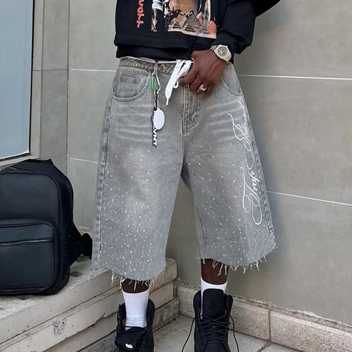 Men Knee Length Denim Shorts Embroidered Rhinestone Jeans Shorts For Beach Vacation Summer Daily Wear Outdoor Streetwear