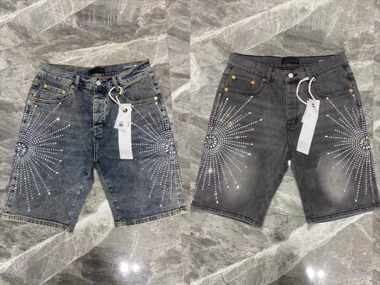 Denim Shorts Mens Women with Stunning Rhinestone Sunburst Design High Quality Casual Summer Shorts Available in Blue and Gray
