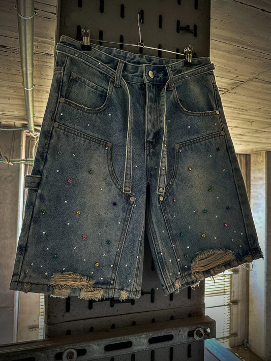 American Retro Sequined Rhinestone Denim Shorts Y2K Jeans Mens Pocket Embroidery Ribbon Washed Baggy Shorts Over The Knee Pants