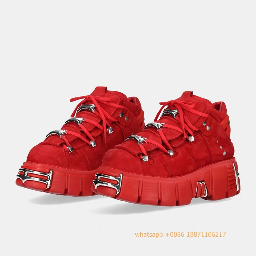 Red Metal Rivet Sports Casual Boots Fashion Women's Round Toe Lace-Up Sport Pumps 2024 New Street Rock Punk Platform Ankle Boots