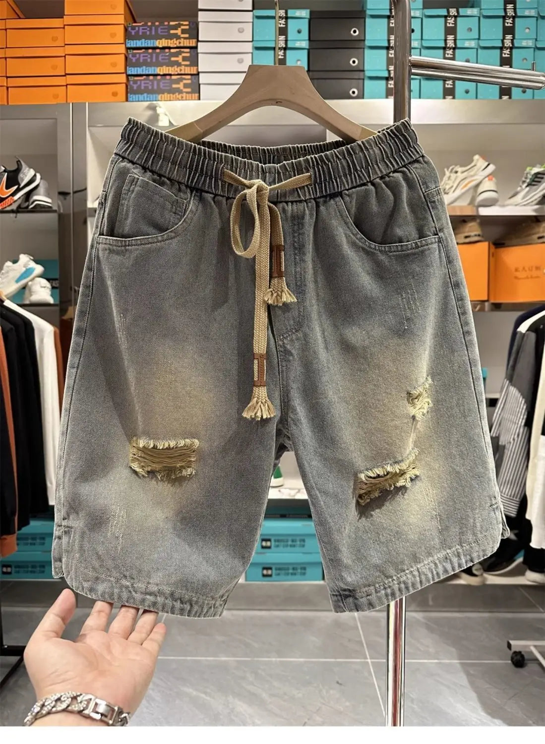 Men's Ripped Denim Shorts American High Street Loose Straight Washed Old Retro Versatile Casual Five-point Pants Jorts Man