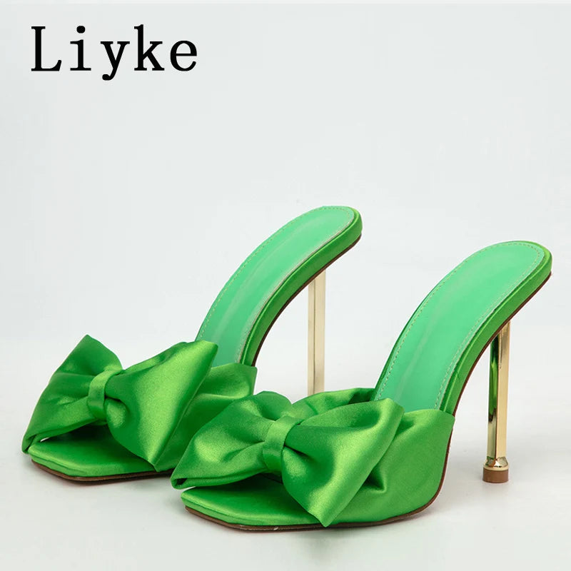 Liyke Fashion Yellow Green Silk Butterfly-Knot Women Slippers Mule High Heels Gladiator Sandals Flip Flop Square Toe Party Shoes