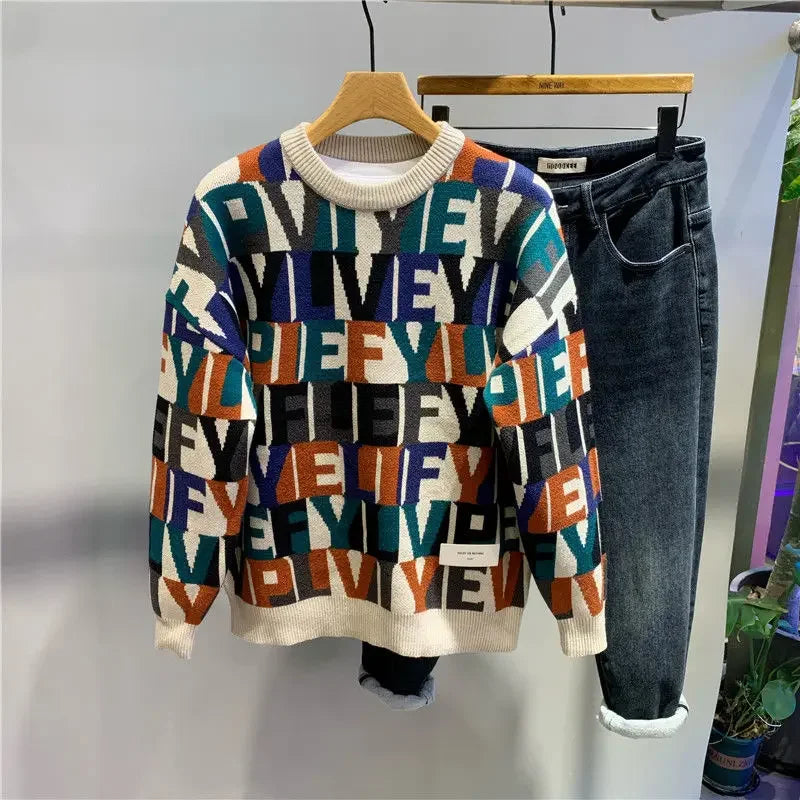 2023 New Autumn and Winter Men Fashion Letter Jacquard Pullover Knitted Sweater Trendy Contrasting Color Design Sweater
