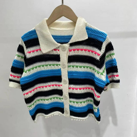 Stripes Hollow out Short Sweater Women Turn-down Collar Single Breasted Female Short-sleeved Knit Cardigan 2024 Spring Summer