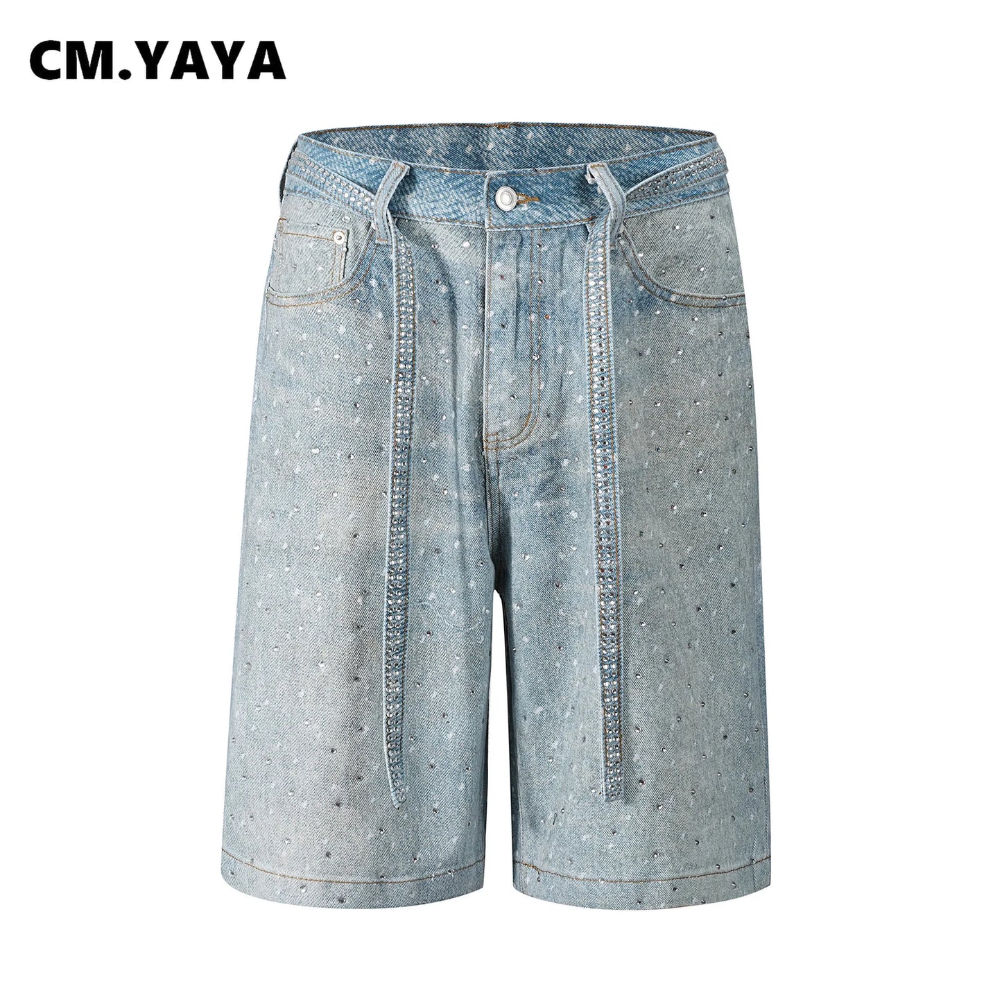 CM.YAYA Women Rhinestones Straight Washed Denim Knee Length Cargo Pants 2025 Summer Belt Pocket Street Casual Jeans Trousers