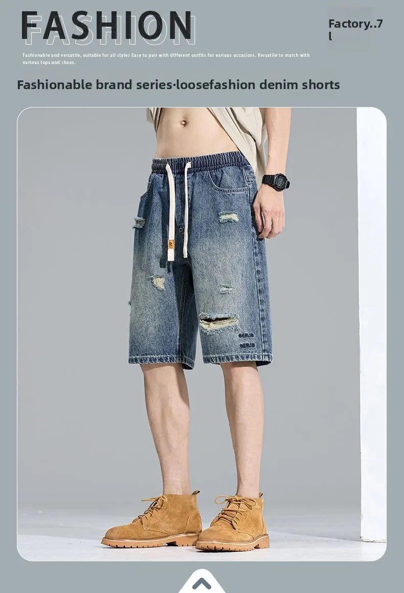 Casual Cargo Denim Shorts Men Elastic Waist Straight Comfortable Light Color Soft Short Pants Baggy Wide Bermuda Male Y2k Jeans