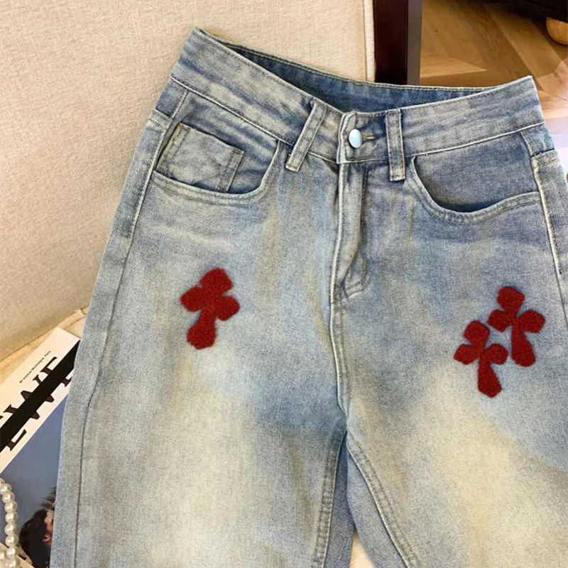 New Lady's Jeans Embroidered Pattern Women's Jeans Spring And Summer Edition Washed High Waist Wide Leg Straight Leg Floor Pants