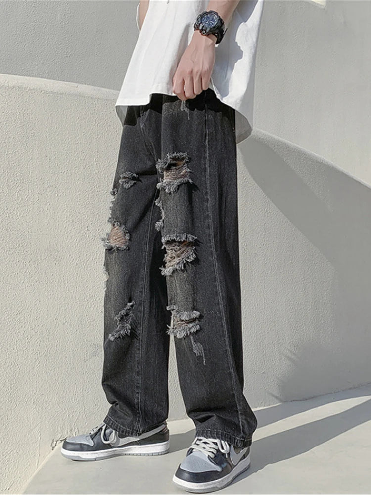 Summer Blue Black Ripped Jeans Men Fashion Casual Wide Leg Jeans Mens Streetwear Loose Hip Hop Straight Hole Denim Pants Men