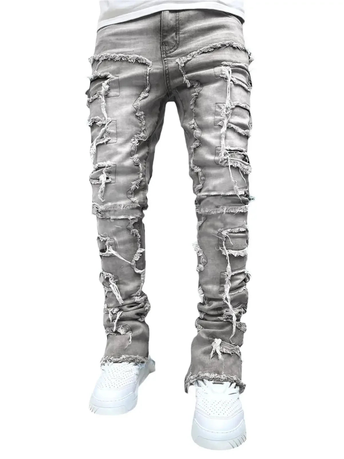 Men's Casual Distressed Jeans Tassels Patchwork Design Slim Fit Solid Color Stretch Denim Pants Straight Leg Streetwear Trousers