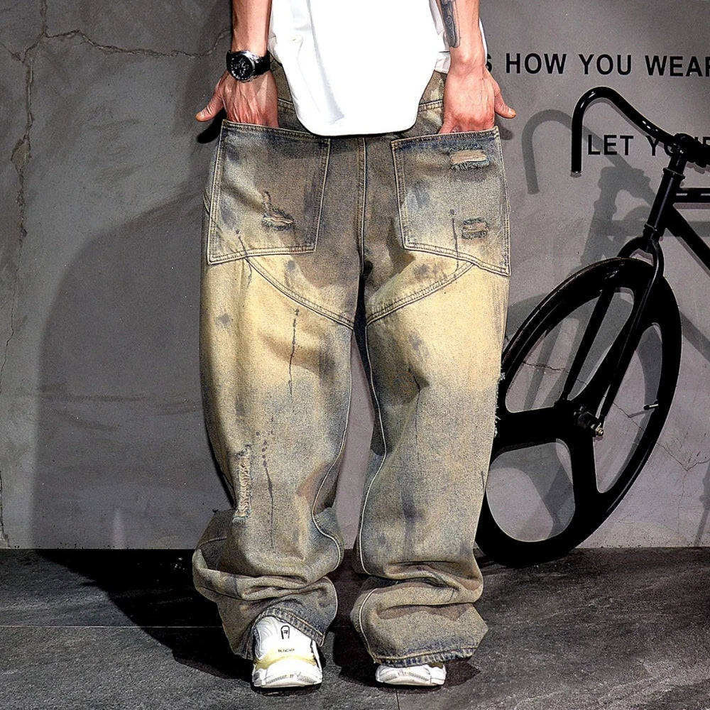 Streetwear Baggy Jeans Men Ripped Distressed Denim Pants Hip Hop Stacked Vintage Skateboard Straight Leg High Quality Trousers