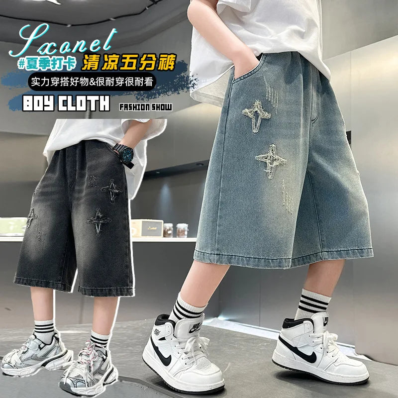 Hot Kids Stylish Summer Star Embroidered Denim Shorts for Tween Boys Luxury Design Jeans Shorts Child Five Shorts Casual Pants