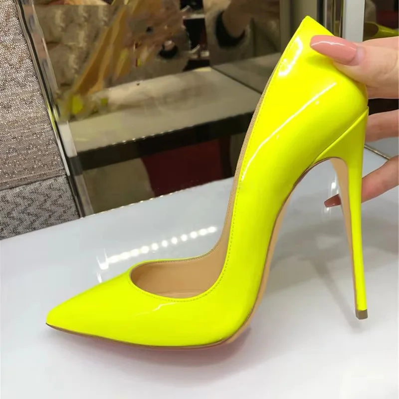 Veowalk Women Glossy Black Patent 12cm Pointy Toe Shallow Stiletto Pumps Classic Elegant OL Ladies Slip on High Heel Dress Shoes