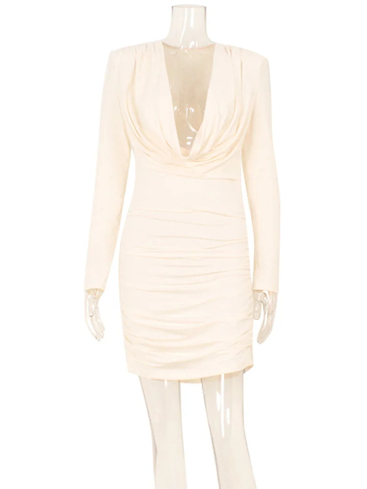 Ahagaga Elegant Women's Mini Dresses Solid Swinging Collar Regular Long Sleeves Folds Sheath Bodycon Shoulder Pad Vestidos Robes