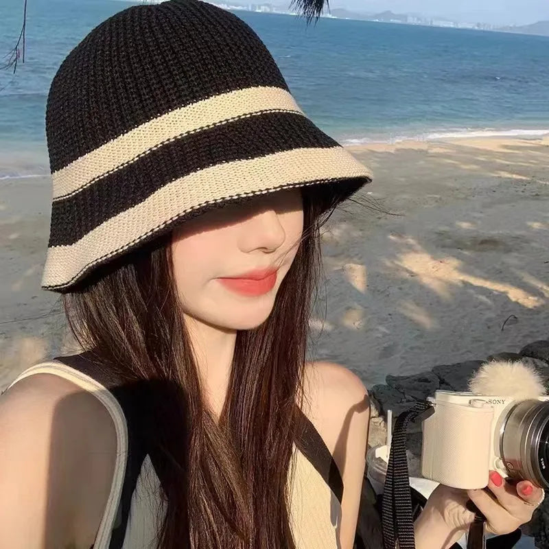 Gorras Para Hombres Striped Hollow Women Bucket Hat Spring Summer Outdoor Sunscreen Weave Breathable Fisherman Versatile Travel