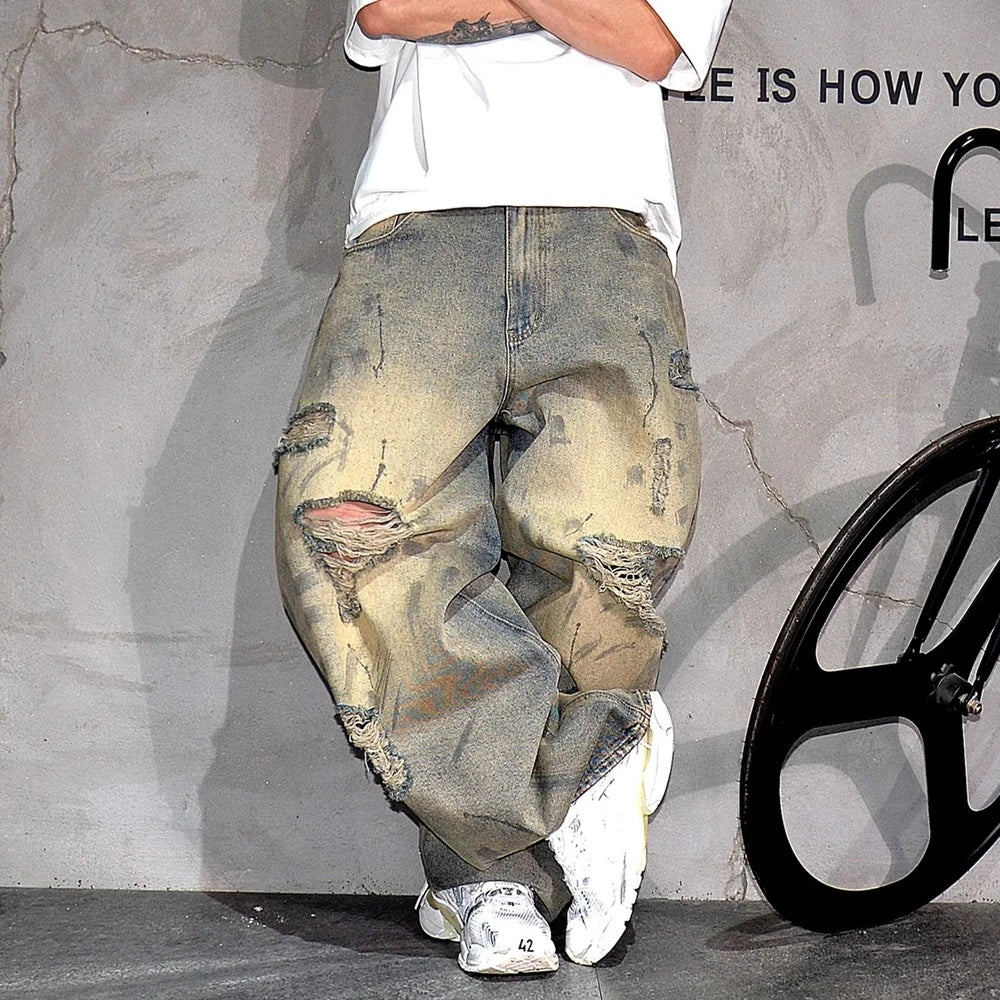 Streetwear Baggy Jeans Men Ripped Distressed Denim Pants Hip Hop Stacked Vintage Skateboard Straight Leg High Quality Trousers