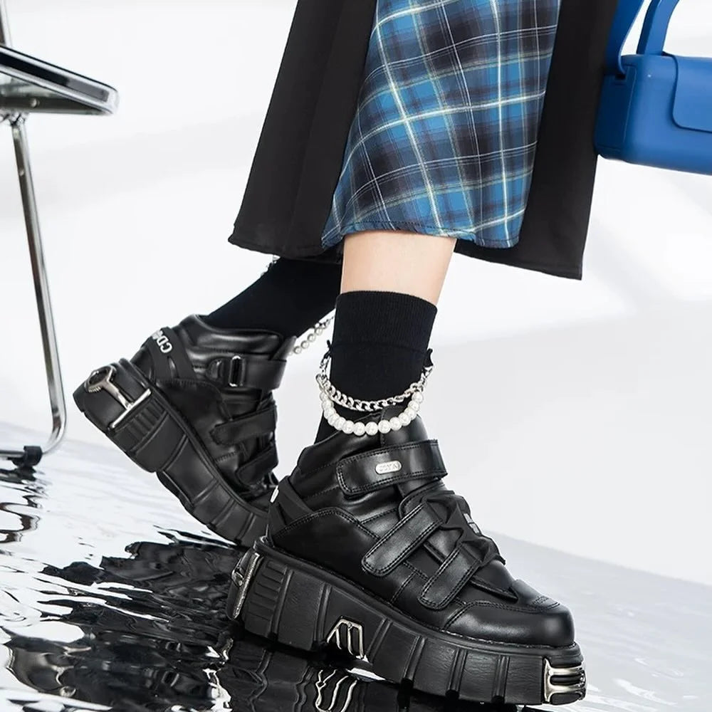 Brand New Rock Motorcycle Ankle Boots Gothic Street Chunky Heels Platform Short Boots Ladies Matal Autumn/Winter Shoes For Woman