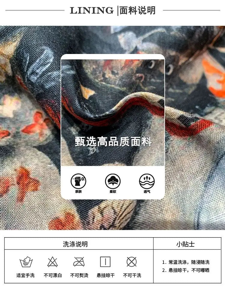 Printed Men Short Sleeved Linen Top Japanese Retro Summer Open Top Shirt