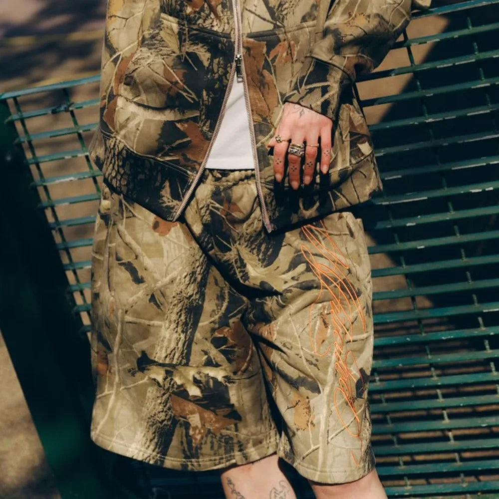 Men's American Retro Hip Hop Embroidered Pentagram Shorts Summer Casual Loose Fit Mid-Trendy Pants