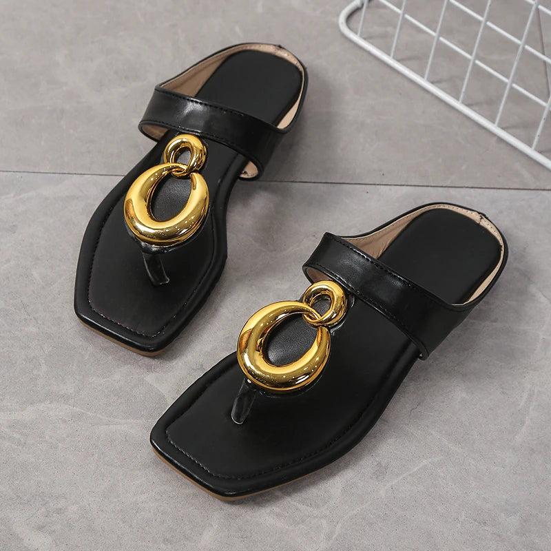 Fashionable Metal Buckle Square Toe Sandals Women's Summer New Open Toe Versatile Lazy Flat Women's Shoes