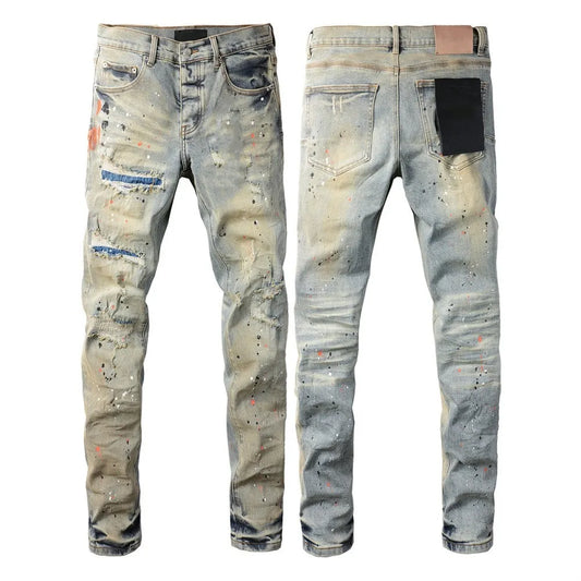 New jeans Men Fashion  Americans High Street Retro Wash Distressed Graffiti Ripped Hole Patch Stretch Skinny Jeans Brand pants