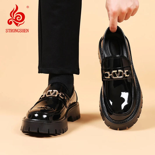 STRONGSHEN Men Leather Shoes Platform Loafers Thick-soled Patent Leather Wedding Shoes Formal Business Shoes Slip-on Casual Shoe