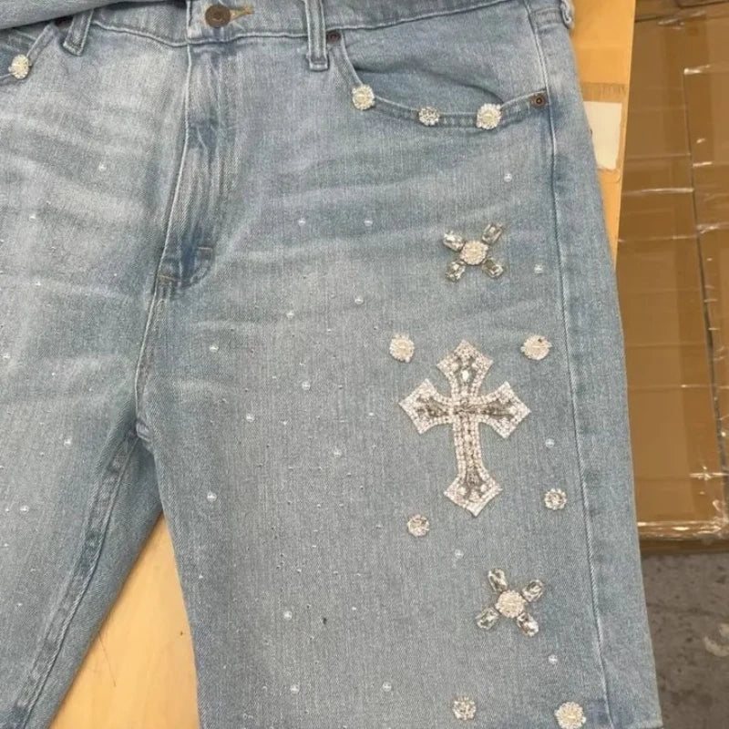 Embroidered denim shorts retro blue casual pants Y2K gothic high street trend diamond cross pattern street clothing hip hop men