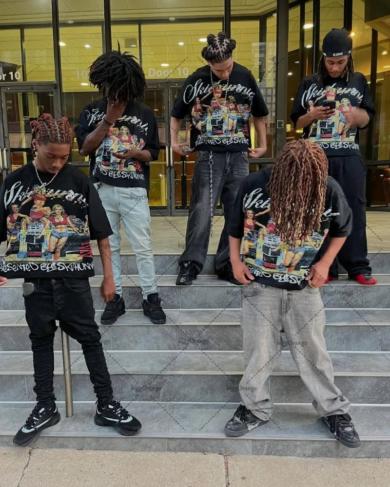 2025 American Hip-hop Oversized T-shirt Y2K Streetwear Men Casual High Street Harajuku Trendy Pure Cotton Round Neck top Women