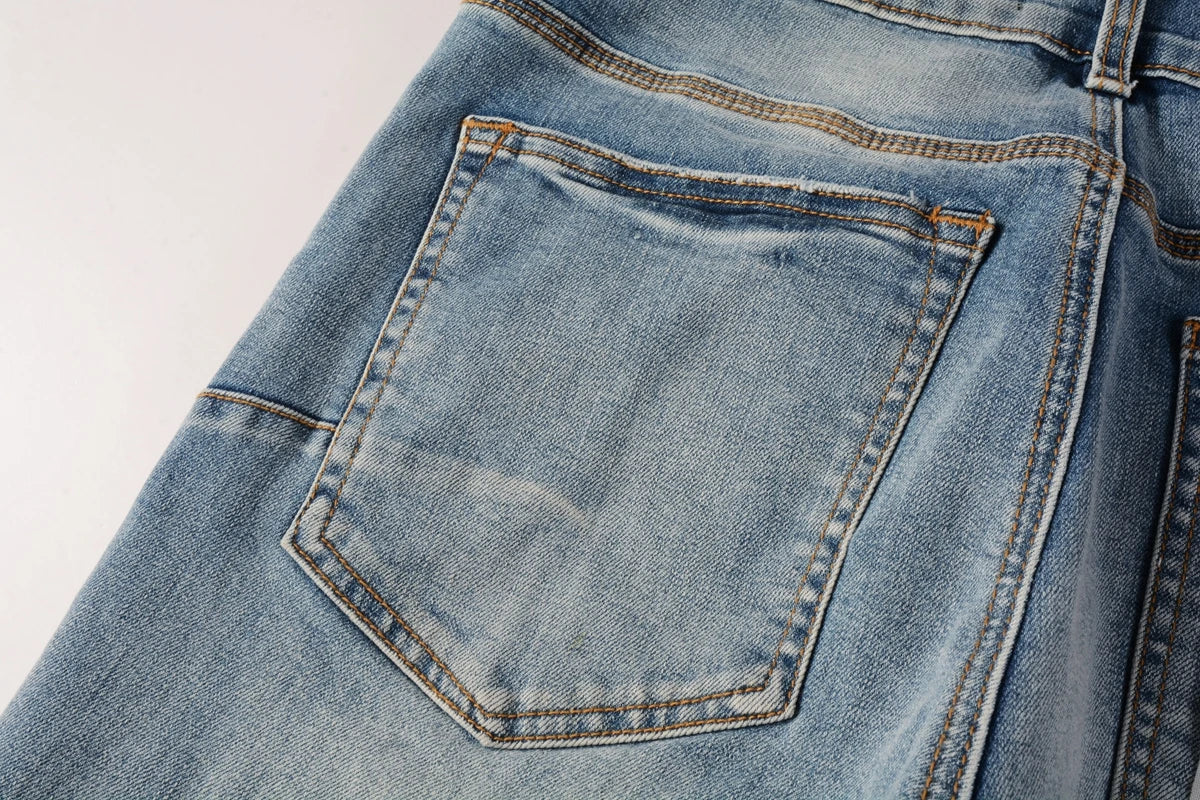 High Street Style Men's Skinny Jeans USA Quality Low Rise Blue Print Letters Fashion Repair Denim Pants Size 28-40