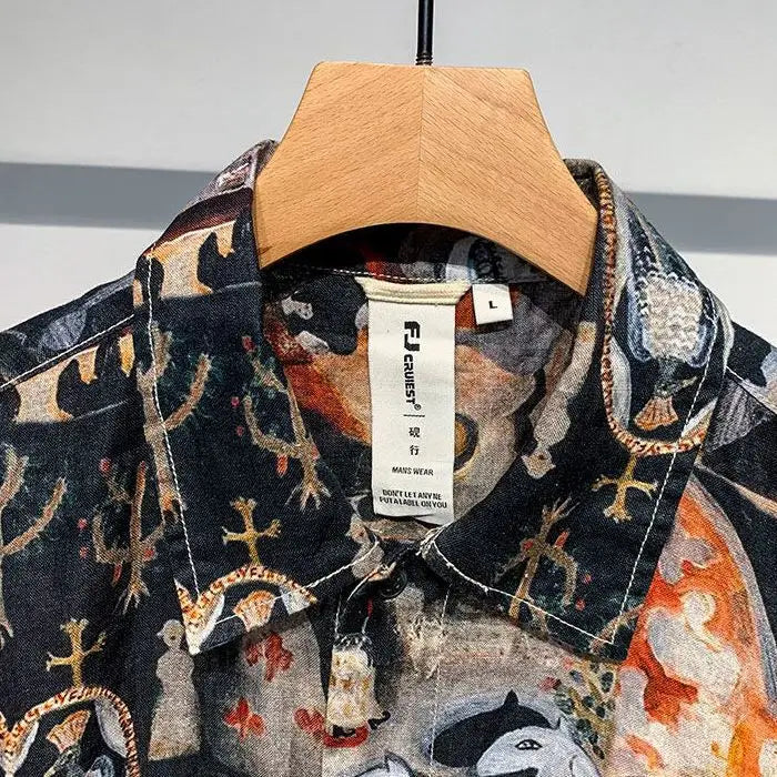 Printed Men Short Sleeved Linen Top Japanese Retro Summer Open Top Shirt