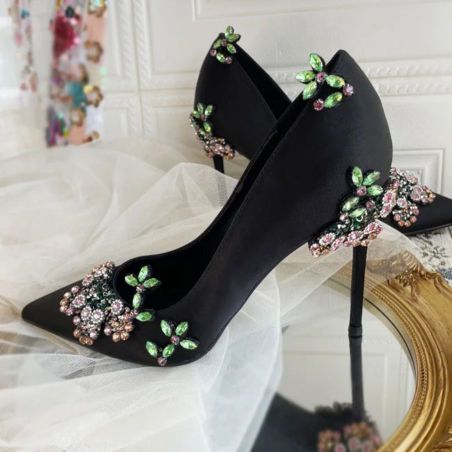 Black Satin Colorful Designer Flower Rhinestone Pointed Toe High-Heeled Women's Pumps Solid Rubber AntiSlip Lady's Shoes