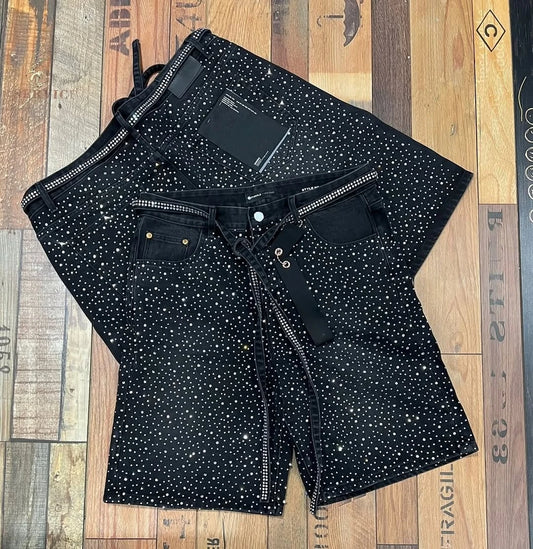 American Retro Rhinestone Sequin Denim Shorts Y2K Jeans Men Women Retro Ribbon Washed Baggy Shorts Low Waist Over The Knee Pants