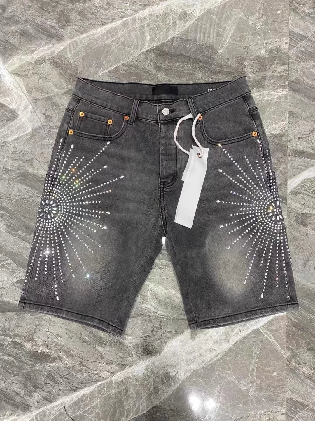 Denim Shorts Mens Women with Stunning Rhinestone Sunburst Design High Quality Casual Summer Shorts Available in Blue and Gray