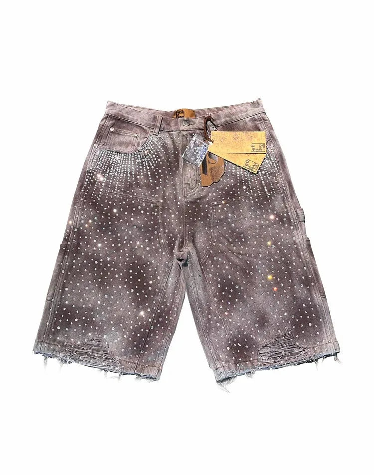 New Streetwear Twinkle Diamond Rivet Denim Shorts Harajuku Goth Retro Washed Brown Shorts High Waist Pants Mens Womens Clothing