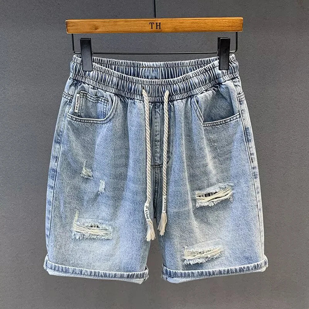 Drawstring Elastic Waist Denim Shorts Men's Washed Loose Straight Versatile Summer Mid-Length Japanese Style half Trousers