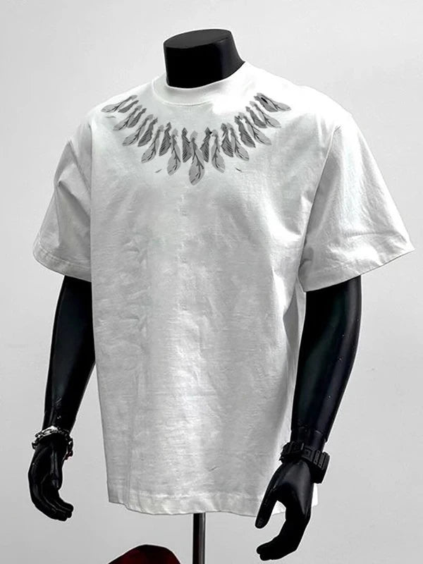 Heavy Duty Tees Tops Pure Cotton Minimalist T-shirt Feather Print Men's Summer Round Neck Loose Casual Short Sleeved T-shirt