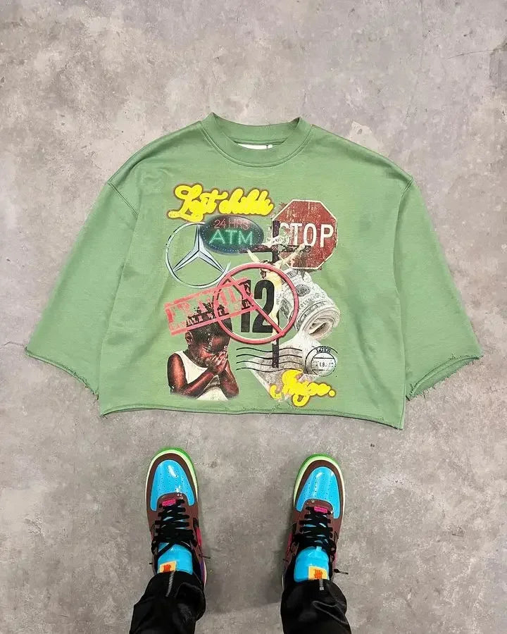 Retro High Street Printed Three Quarter Sleeve Baggy T-Shirt Women's Gothic Punk Rock Y2K Short Sleeve Harajuku Oversized Top