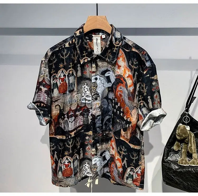 Printed Men Short Sleeved Linen Top Japanese Retro Summer Open Top Shirt