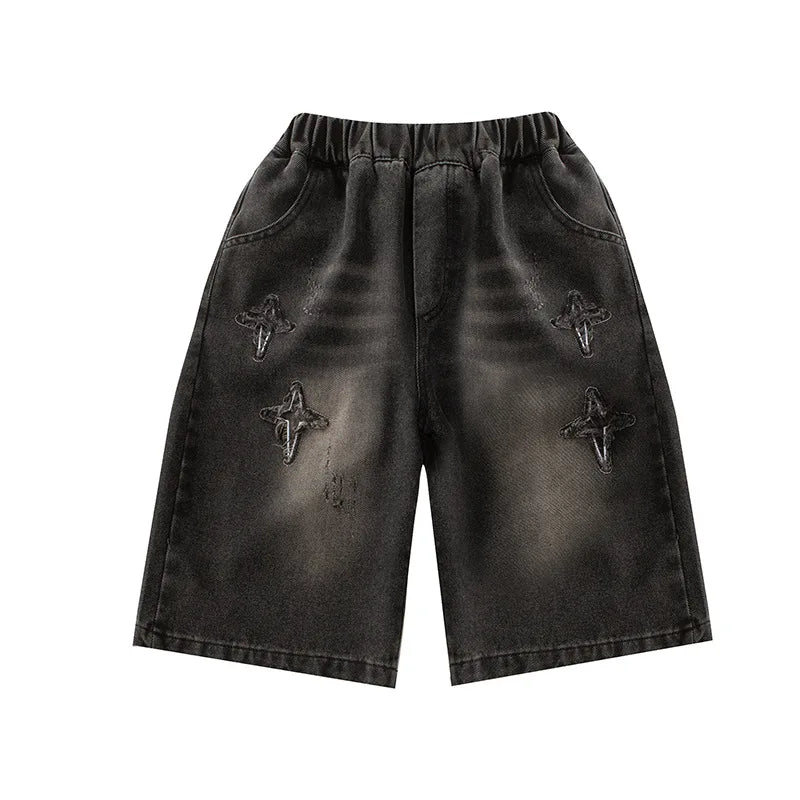 Hot Kids Stylish Summer Star Embroidered Denim Shorts for Tween Boys Luxury Design Jeans Shorts Child Five Shorts Casual Pants
