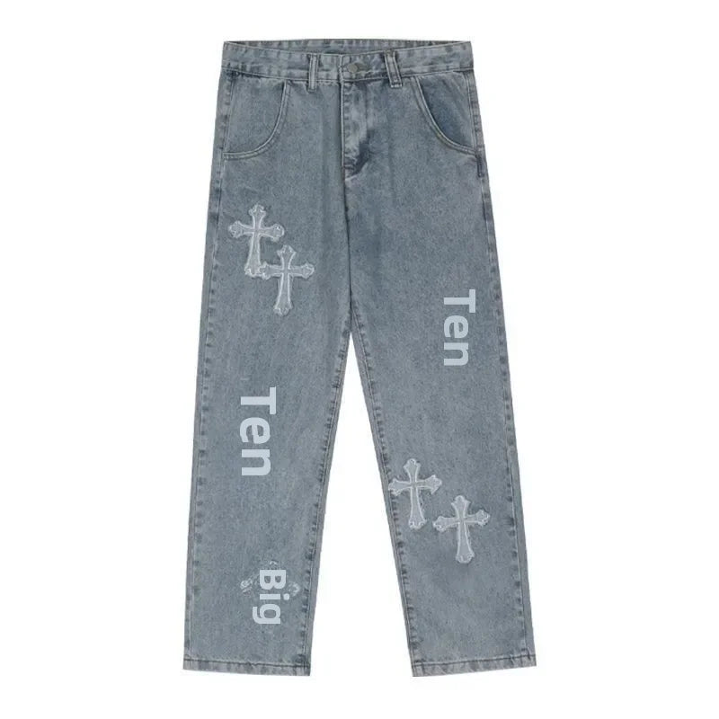 Trendy Brand Hip Hop Thug Straight-leg Loose-fit Wide-leg Long Pants Cross Stitch Fabric Jeans Men Casual Streetwear