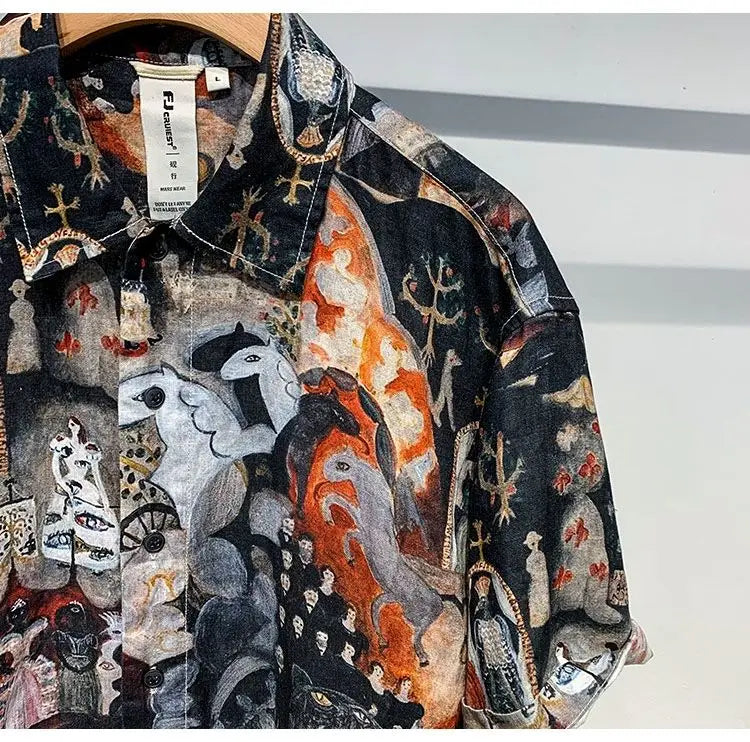 Printed Men Short Sleeved Linen Top Japanese Retro Summer Open Top Shirt